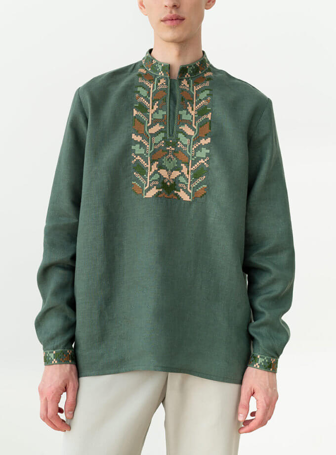 Чоловіча вишиванка з піксельним орнаментом дубового листя Velych ETNODIM (ETN_Velych)