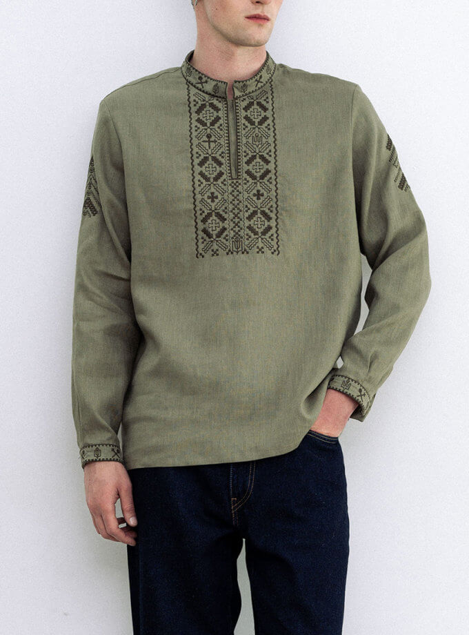 Чоловіча вишиванка з льону кольору хакі Vidsich Khaki ETNODIM (ETN_Vidsich Khaki)
