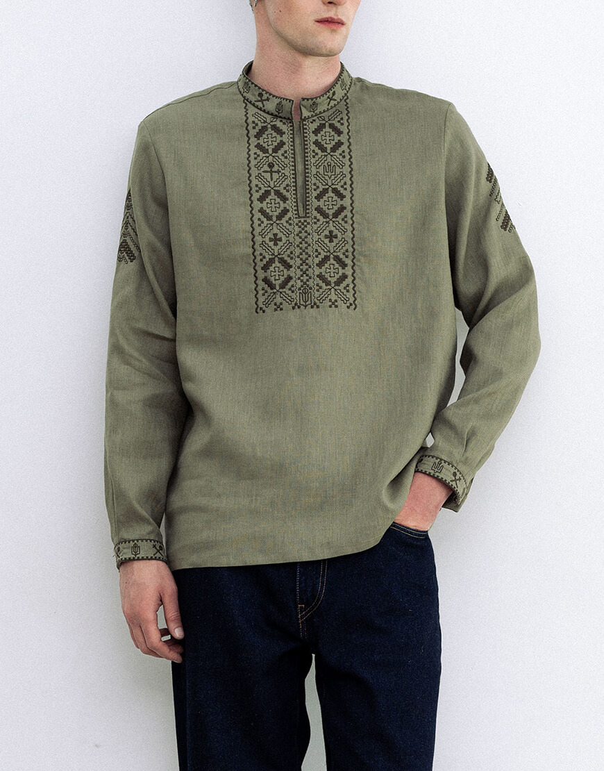 GH0GT10L6pHVuZA4sfgrIKzhziJUndupw0kESUbZ (1) Чоловіча вишиванка з льону кольору хакі Vidsich Khaki ETNODIM (ETN_Vidsich Khaki) - фото 2