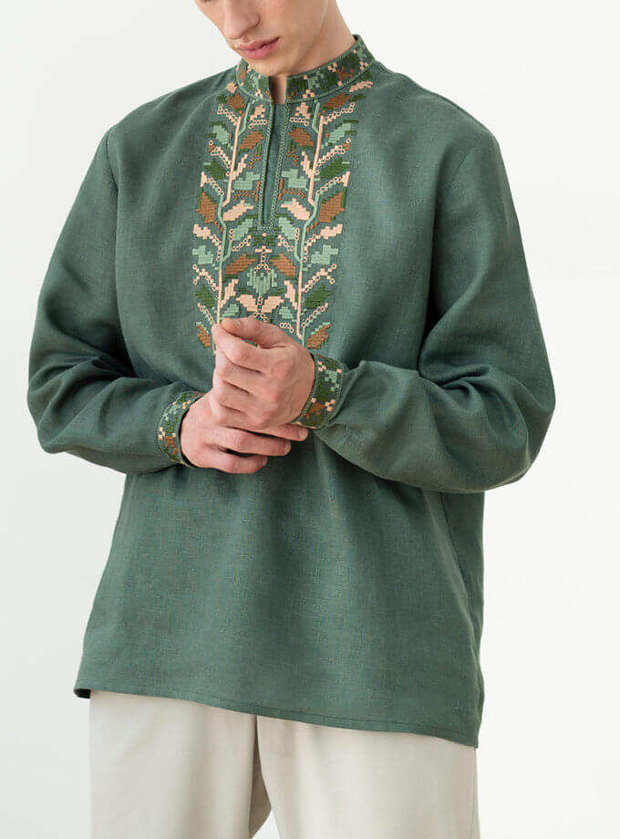 Чоловіча вишиванка з піксельним орнаментом дубового листя Velych ETNODIM (ETN_Velych)