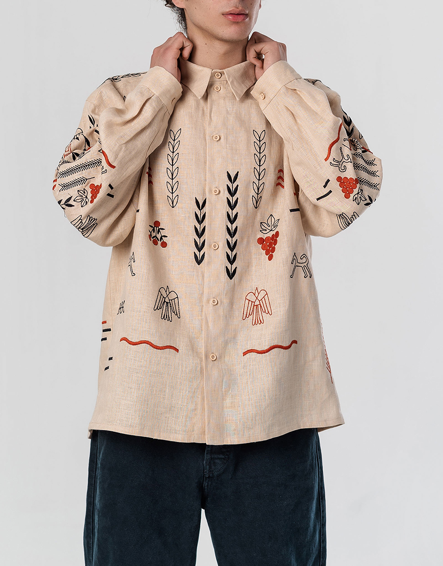 e1qYCpVSmxvJbToEgobfIX6VpMfLOwRb3sbWX6Ff (1) Лляна вишита сорочка бежевого кольору Men's Slovo ETNODIM (ETN_MENS SLOVO) - фото 2