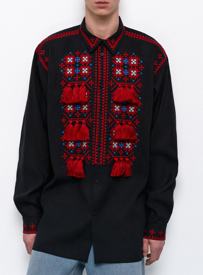 Чоловіча вишита сорочка з коміром та масивними китицями Земля ETNODIM (ETN_zemlya)