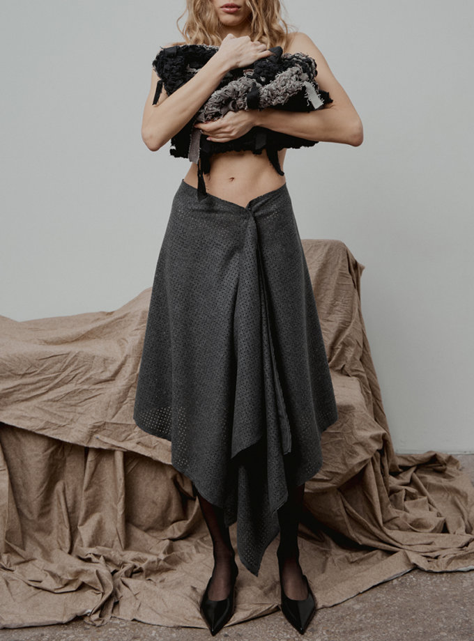 Сіра асиметрична спідниця з перфорованої вовни SELERA (SLR_FW24_18-1-1)