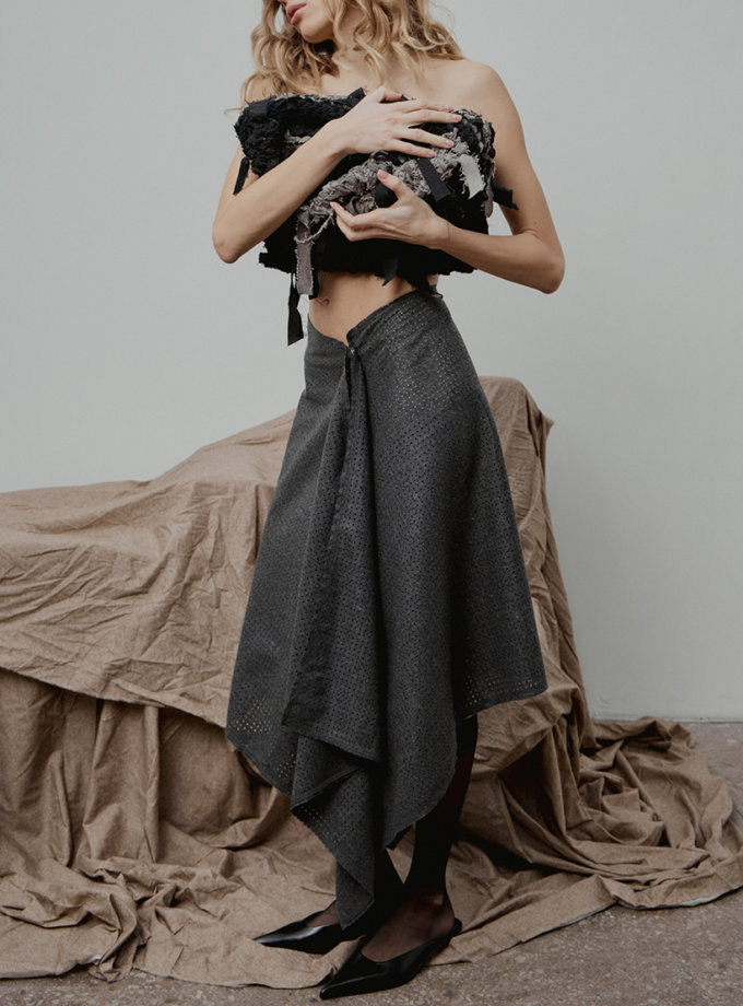 Сіра асиметрична спідниця з перфорованої вовни SELERA (SLR_FW24_18-1-1)