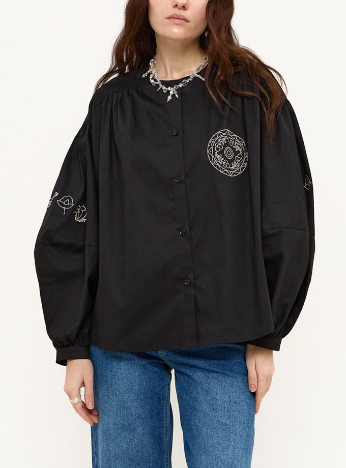 Бавовняна блуза чорного кольору з вишивкою ANNA YAKOVENKO (AY_3821)