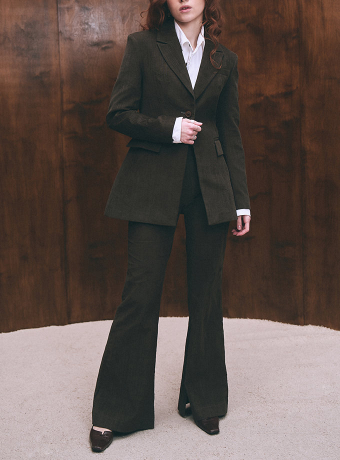 Scarlett хакі вельветові штани кльош BÚDZIKO (SCRLT-PTS-KHK-SS25)