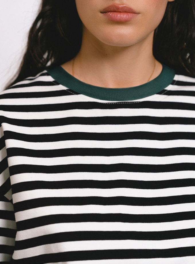 Футболка в чорно-білу смужку зелена горловина BALCONY GARMENT (BLCN_1456)