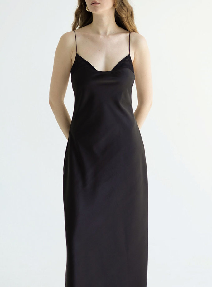 Сатинова максі-сукня з сітчастим ліфом чорна THE PLUM LAB (TPL_SD-SS24-0001)