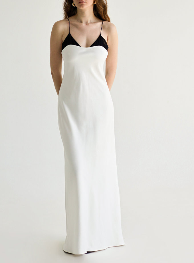 Сатинова максі-сукня з сітчастим ліфом біла THE PLUM LAB (TPL_SD-SS24-0002)