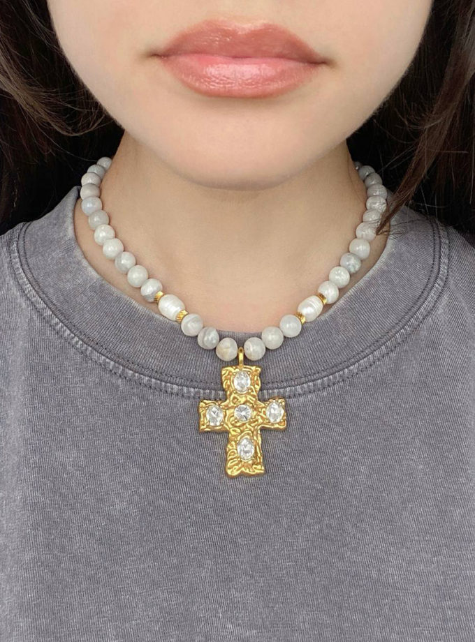 Акцентне намисто з сірого агату з масивною хрестоподібною підвіскою NSTONE (NST_NS46_grey)