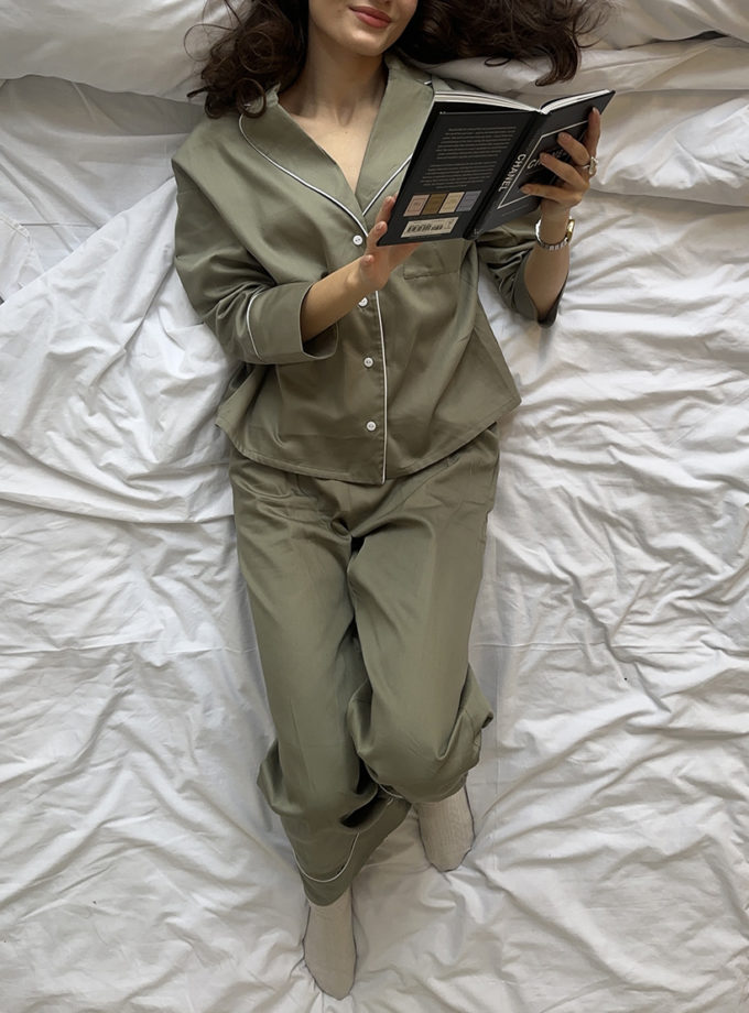 Сатинова піжама оливкого кольору з білим кантом BEDCLOZZZES (BEDCLZ_pj_06)