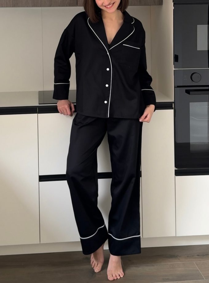 Сатинова піжама чорного кольору з білим кантом BEDCLOZZZES (BEDCLZ_pj_05)
