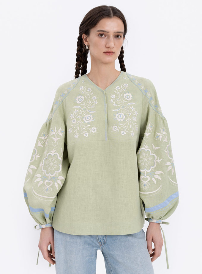 Лляна блуза ніжно-зеленого кольору Орьнек ETNODIM (ETN_ornek_green)