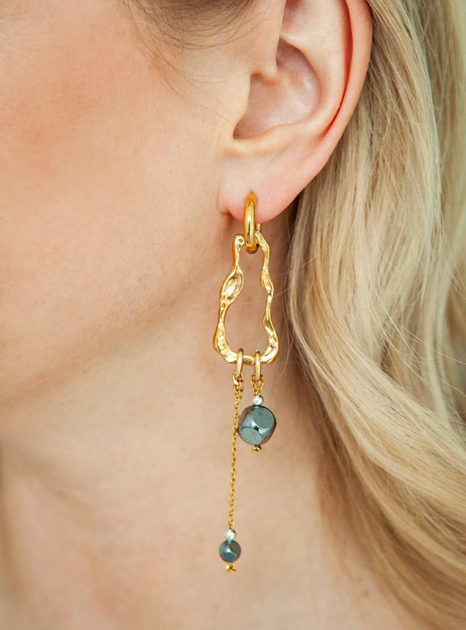 Сережки Frida Asymmetrical  Gold з гематитом та перлиною SAMOKISH (SMKSH_ E-010-A)