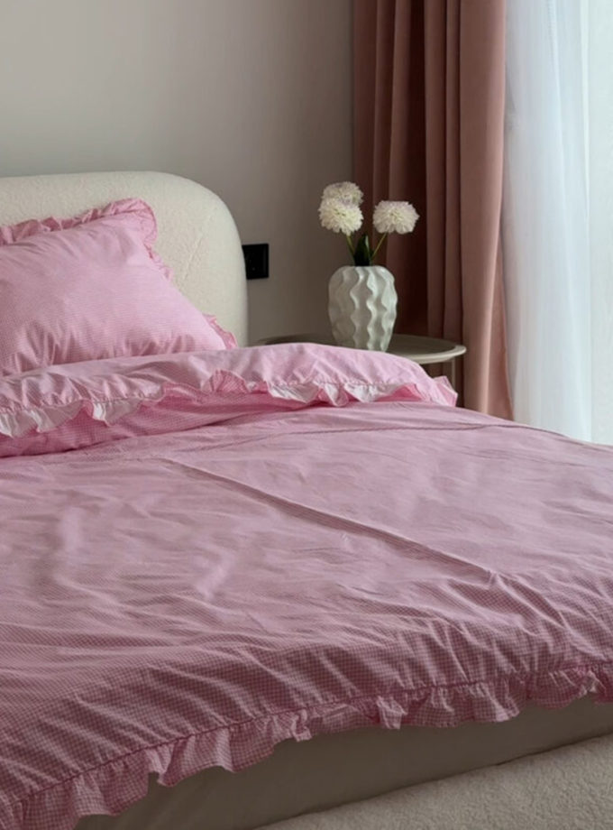 Комплект постільної білизни рожева клітинка з молочним кантом та рюшами BEDCLOZZZES (BEDCLZ_3921-1-2-3-1-1-1-3-1)