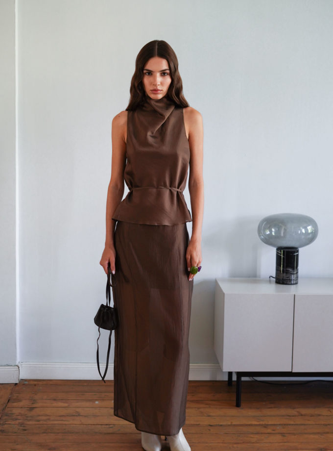 Спідниця максі напівпрозора з тенселу шоколадна THE LACE (TLA_00003315)