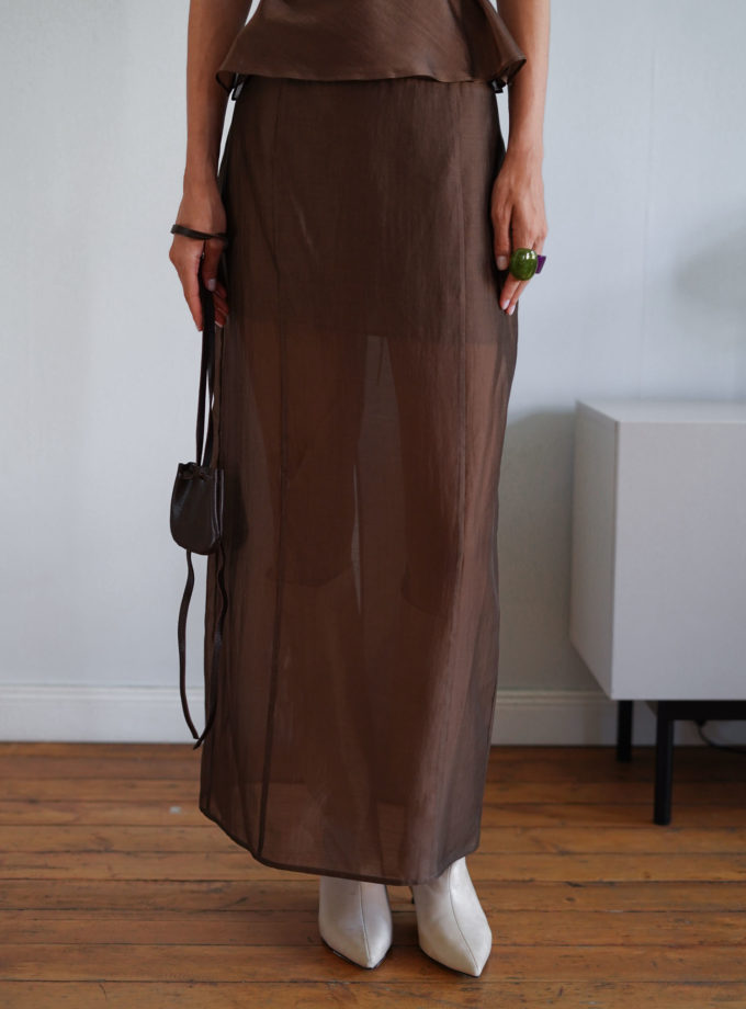 Спідниця максі напівпрозора з тенселу шоколадна THE LACE (TLA_00003315)