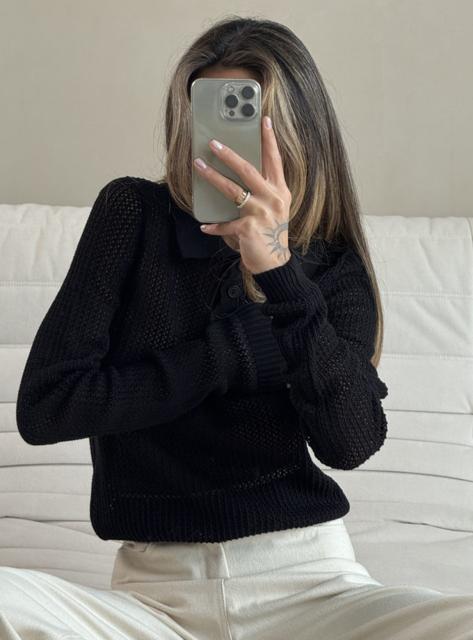 Трикотажний джемпер поло з ажурною вʼязкою чорний THE LACE (TLA_00003455) - фото 11