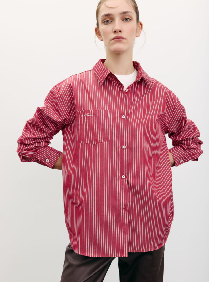 Сорочка оверсайз з вишивкою в смужку червона THE LACE (TLA_00003487)