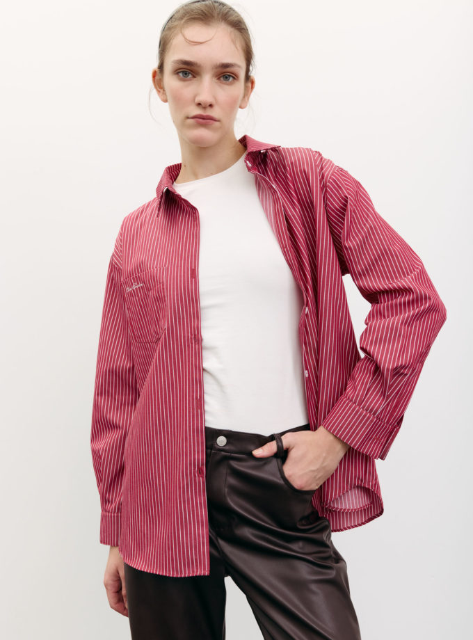 Сорочка оверсайз з вишивкою в смужку червона THE LACE (TLA_00003487)