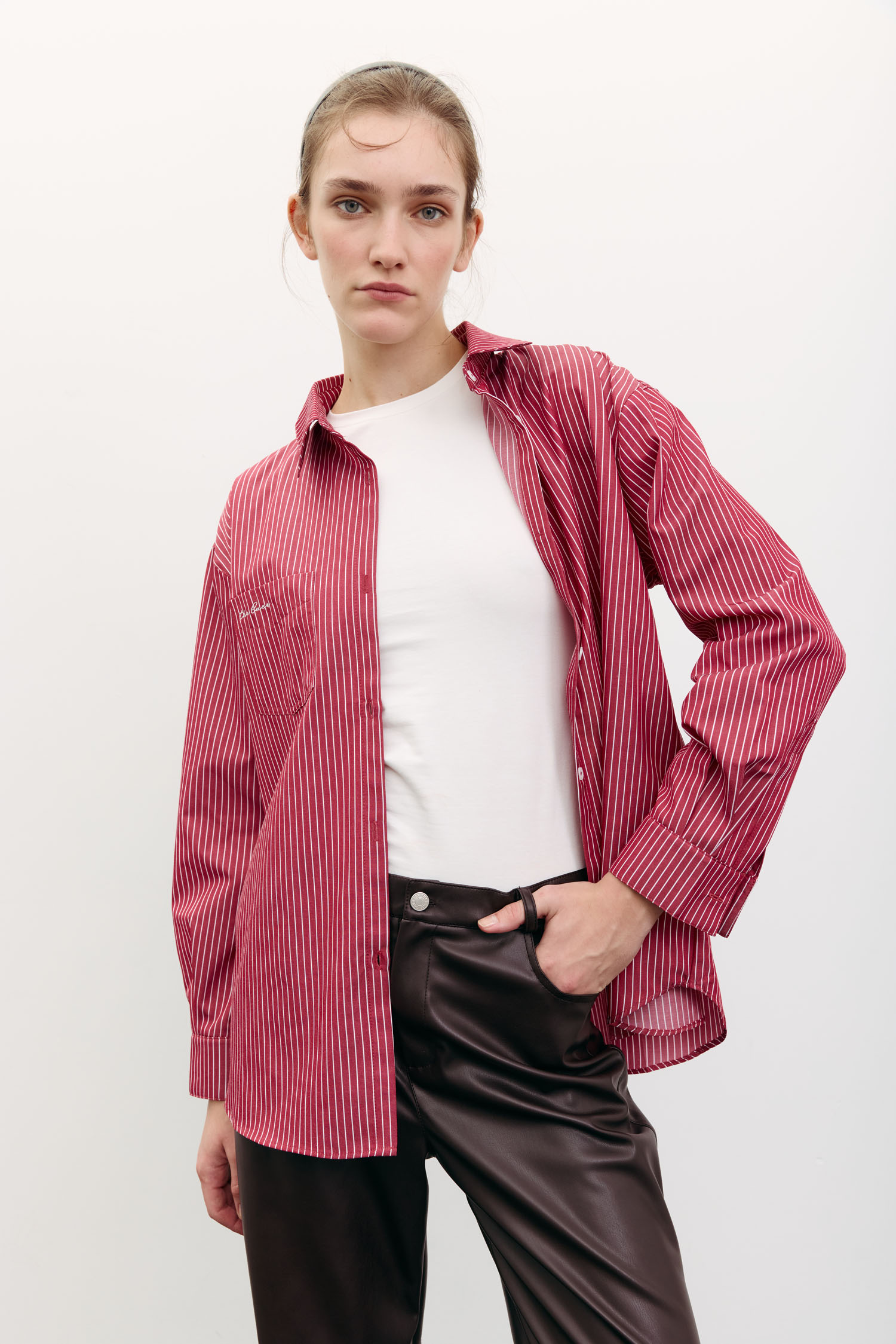 00003487-2 Сорочка оверсайз з вишивкою в смужку червона THE LACE (TLA_00003487) - фото 2