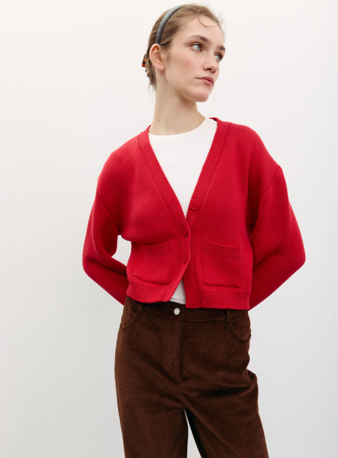 Кардиган трикотажний з кишенями червоний THE LACE (TLA_00003497)