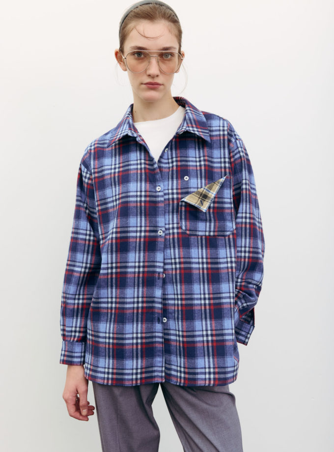 Сорочка в клітинку з декоративною кишенею синя THE LACE (TLA_00003518)