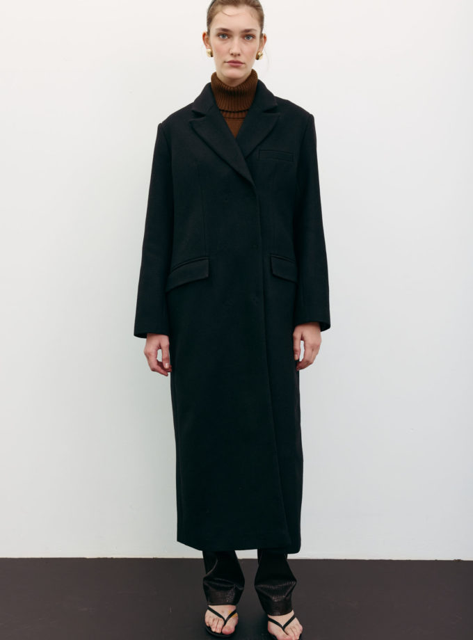 Пальто вовняне максі прямого крою чорне THE LACE (TLA_00003528)