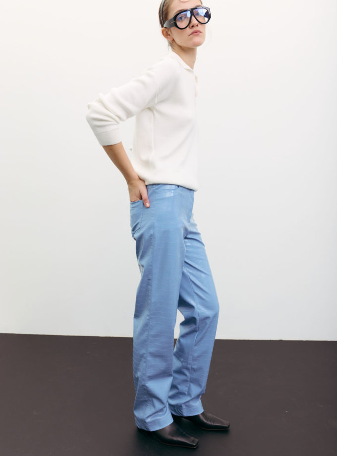 Брюки прямі з фактурної еко-шкіри блакитні THE LACE (TLA_00003537)