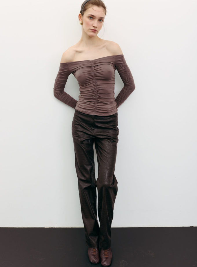 Брюки прямі з фактурної еко-шкіри шоколадні THE LACE (TLA_00003538)