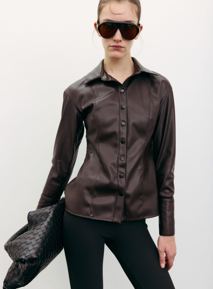 Сорочка з еко-шкіри приталена шоколадна THE LACE (TLA_00003541)