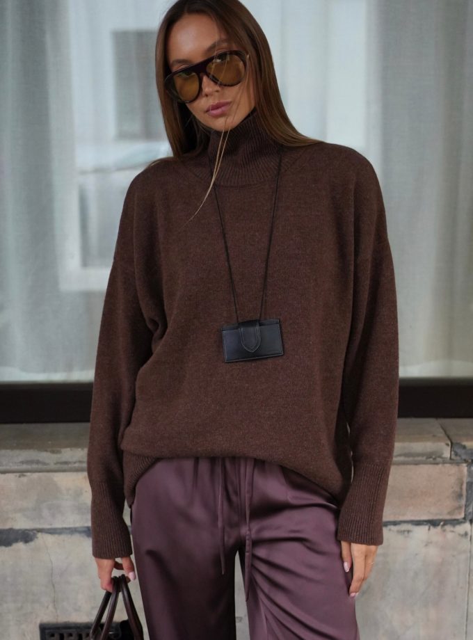 Светр із вовни ягня з горловиною шоколадний THE LACE (TLA_00003587)