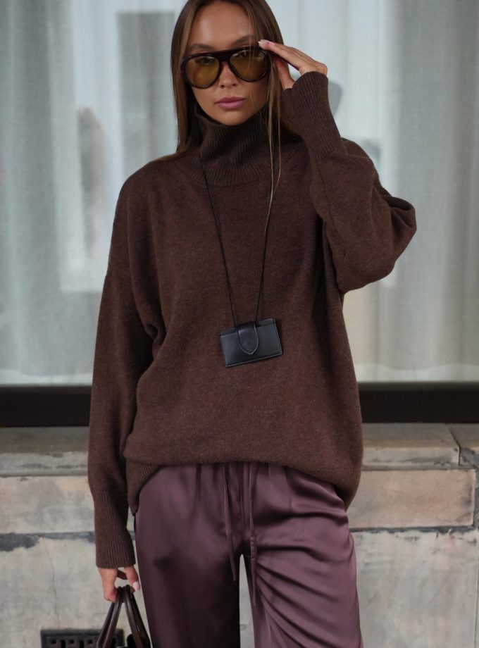 Светр із вовни ягня з горловиною шоколадний THE LACE (TLA_00003587)