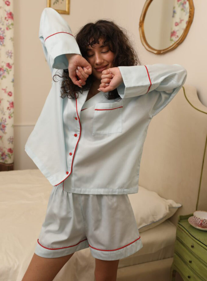 Сатинова піжама блакитного кольору з червоним кантом BEDCLOZZZES (BEDCLZ_15690-3-1-1-3-5-1-2-1-1-1)