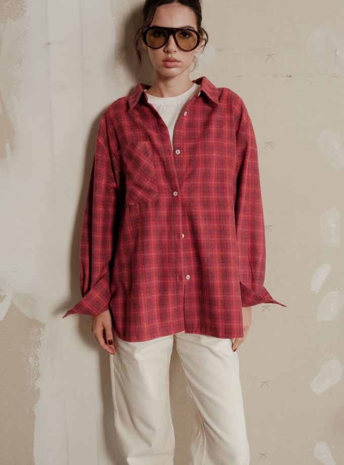 Сорочка з накладною кишенею в сіру клітинку червона THE LACE (TLA_00003633)