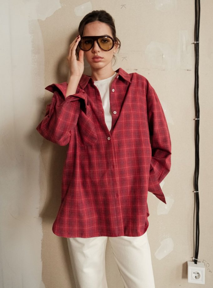 Сорочка з накладною кишенею в сіру клітинку червона THE LACE (TLA_00003633)