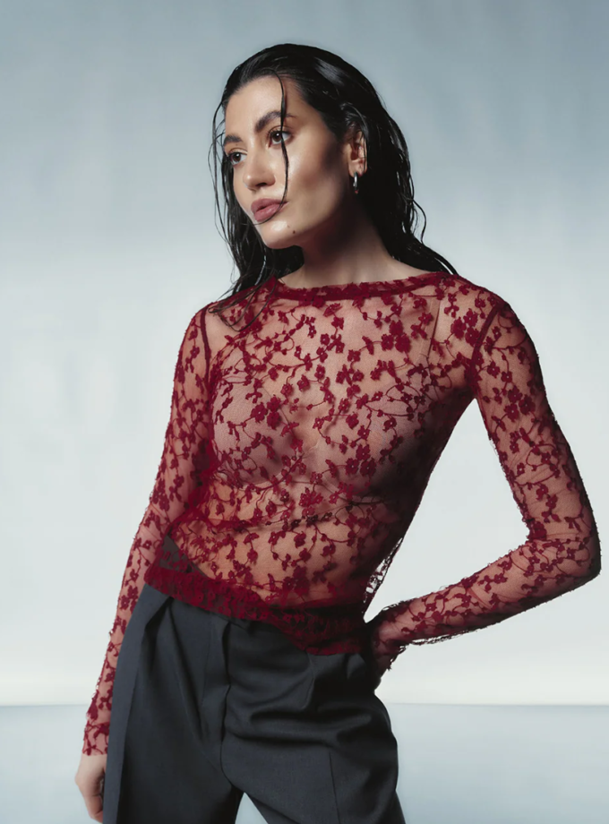 Червоний мереживний лонгслів AMBITNA (Ambtn_32)