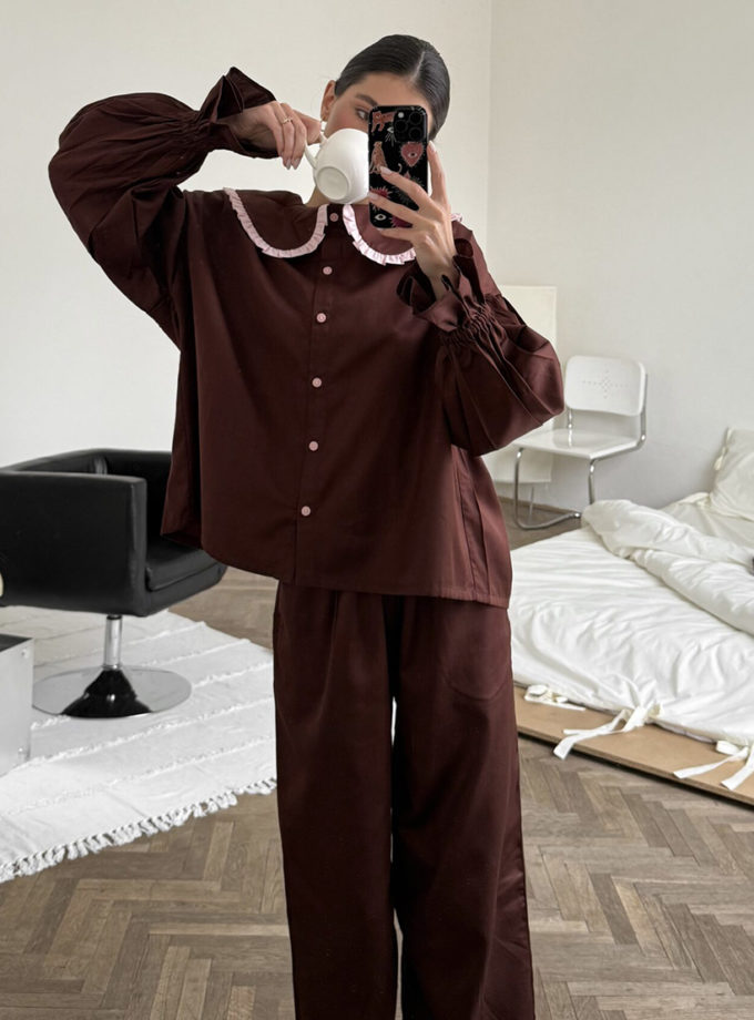 Сатинова піжама шоколадного кольору з рюшами BEDCLOZZZES (BEDCLZ_15690-1-2-3)