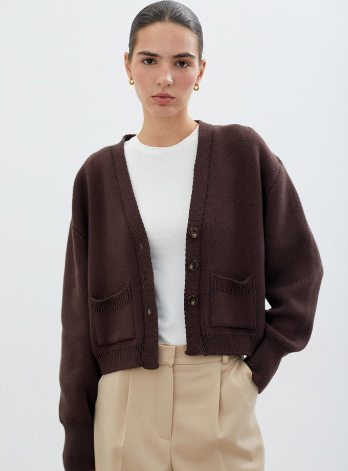 Жiночий кардиган трикотажний з кишенями шоколадний THE LACE (TLA_0069557)