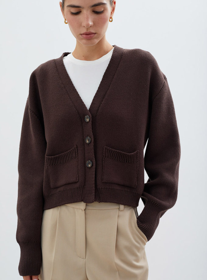 Жiночий кардиган трикотажний з кишенями шоколадний THE LACE (TLA_0069557)