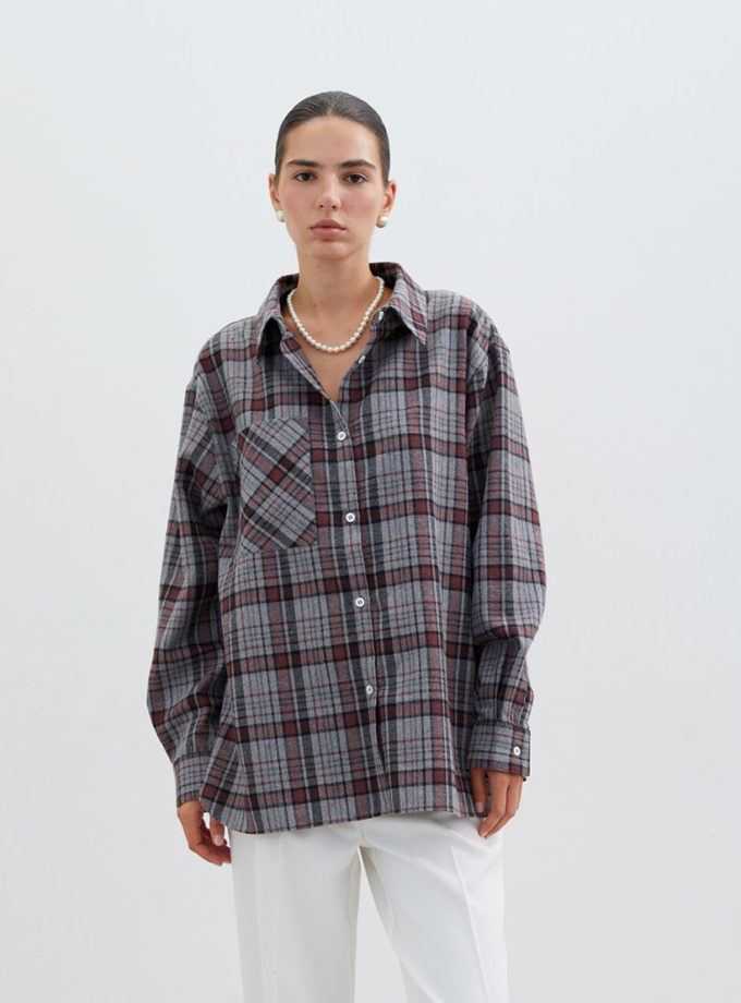 Жiночa сорочка з накладною кишенею в червону клітинку сіра THE LACE (TLA_0069554)