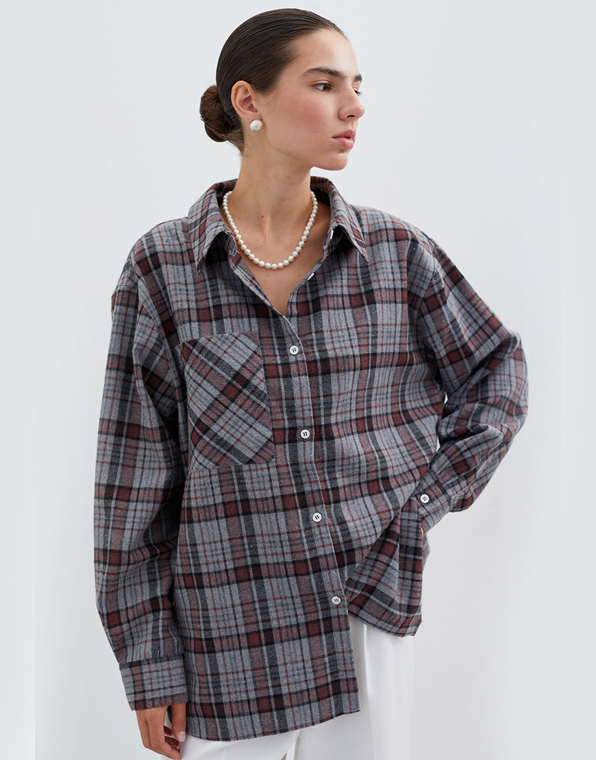 the-lace-07.08975 Жiночa сорочка з накладною кишенею в червону клітинку сіра THE LACE (TLA_0069554) - фото 3