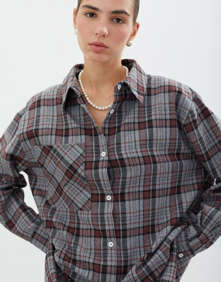 the-lace-07.08986 Жiночa сорочка з накладною кишенею в червону клітинку сіра THE LACE (TLA_0069554) - фото 4
