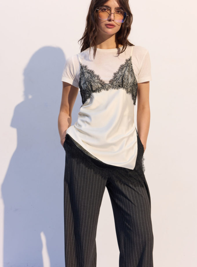 Топ із сатину з чорним мереживом молочний THE LACE (TLA_00003696)