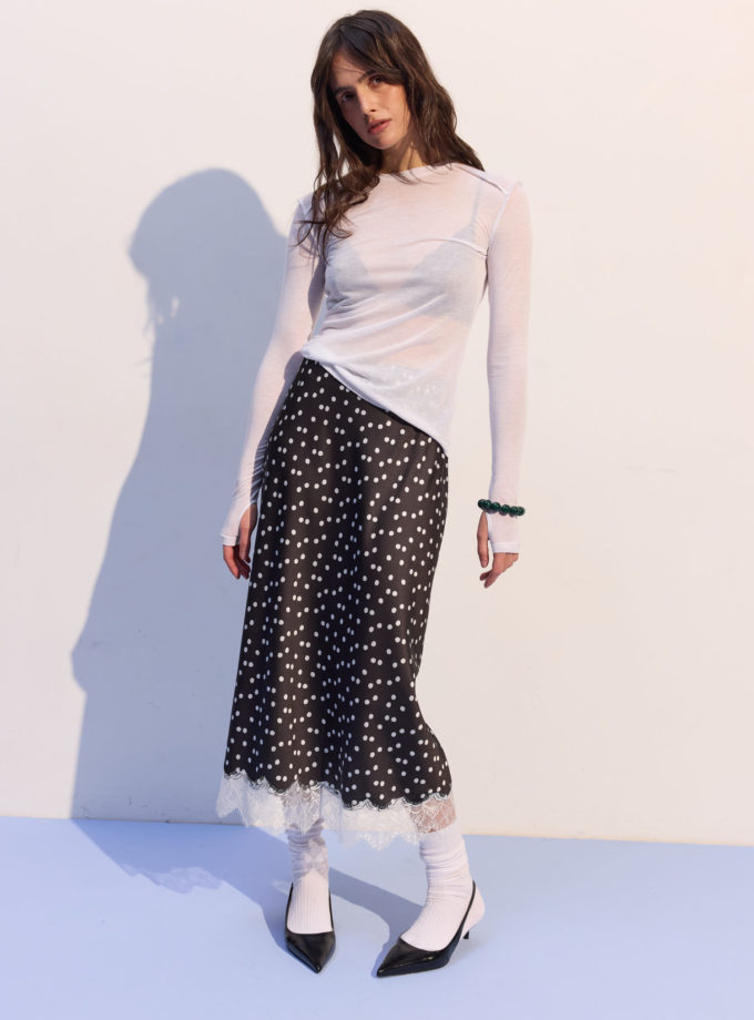 Спідниця міді з сатину з мереживом в горох чорна THE LACE (TLA_00003718)