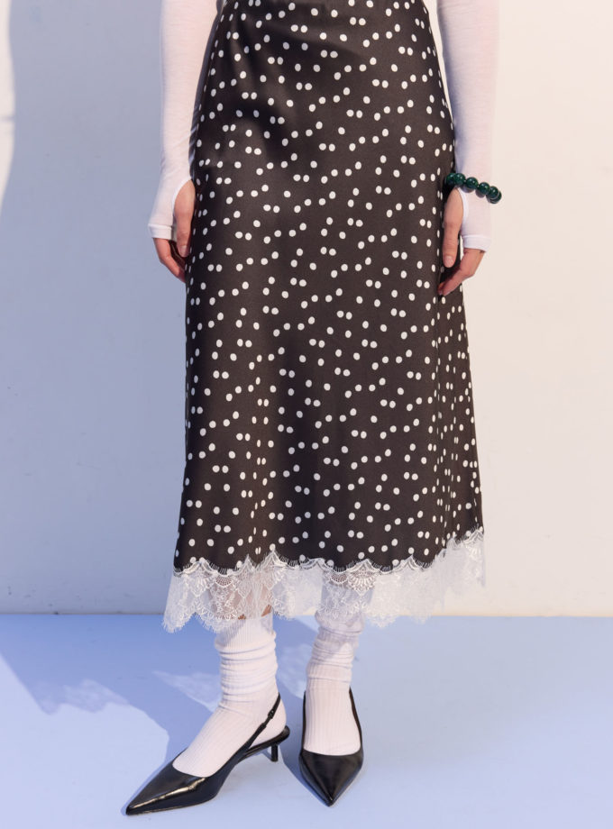 Спідниця міді з сатину з мереживом в горох чорна THE LACE (TLA_00003718)