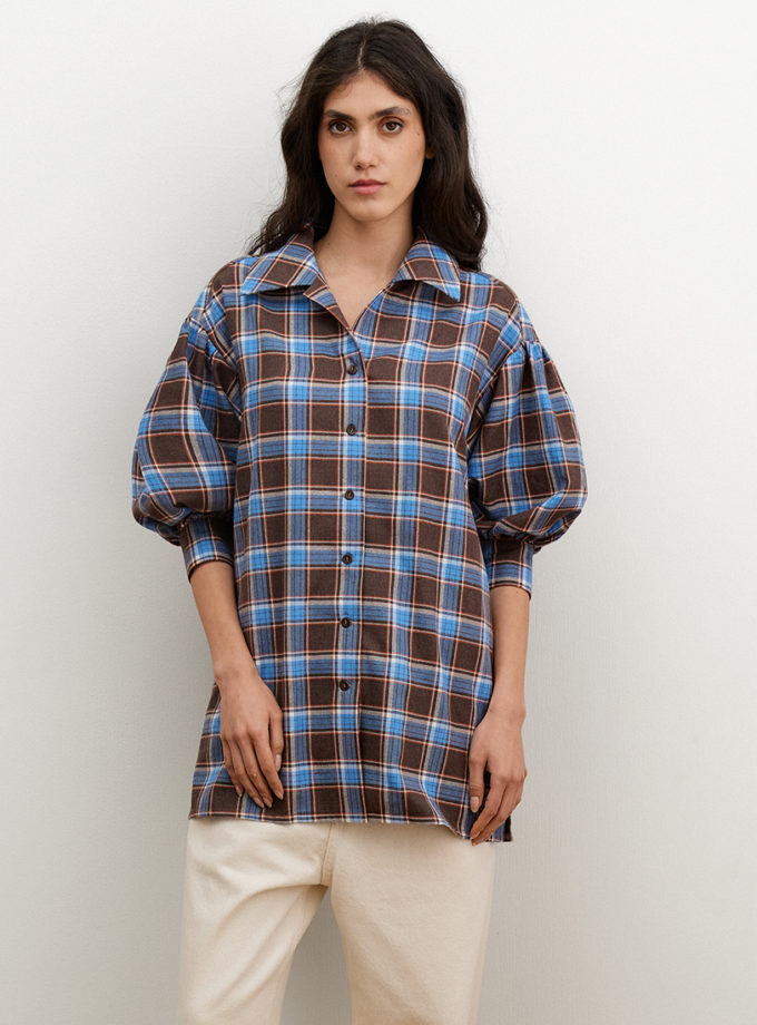 Блакитно-коричнева фланелева сорочка з акцентними рукавами AMBITNA (Ambtn_29-1-1-1-1-1)
