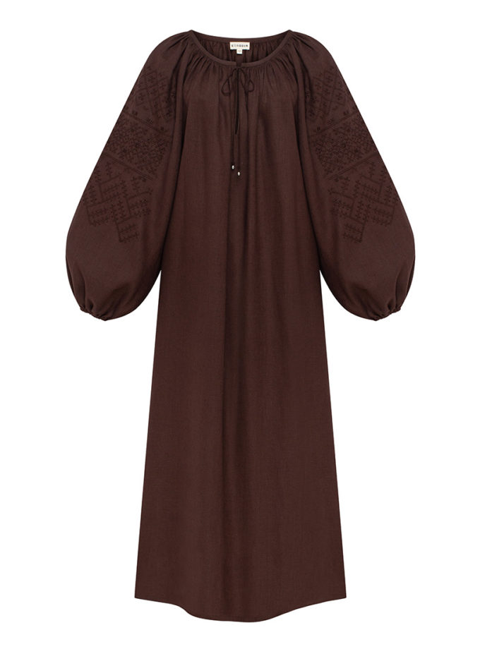 Темно-коричнева вишита сукня Веліна ETNODIM (ETN_Velina-br)