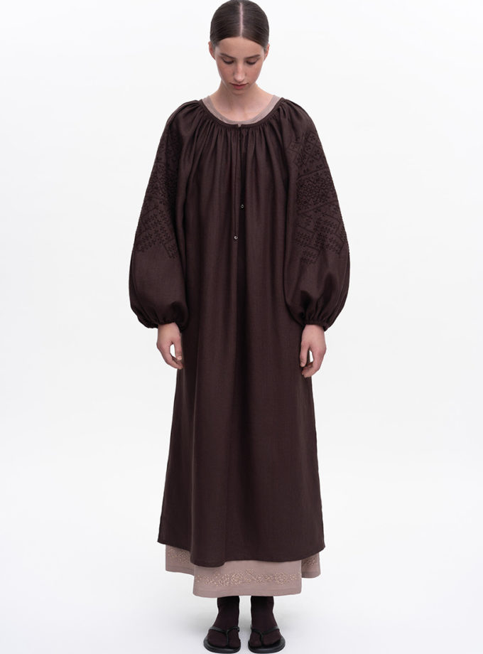 Темно-коричнева вишита сукня Веліна ETNODIM (ETN_Velina-br)