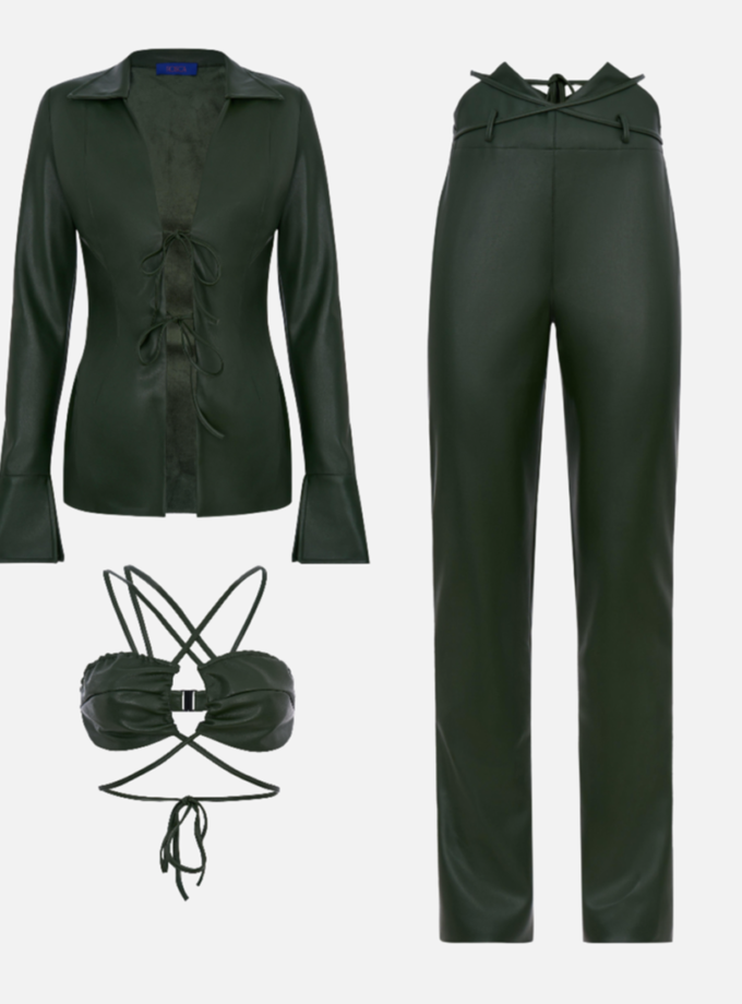 Костюм на зав'язки з еко-шкіри хакі ROSCA (RSC_SUIT_el_lc_005)